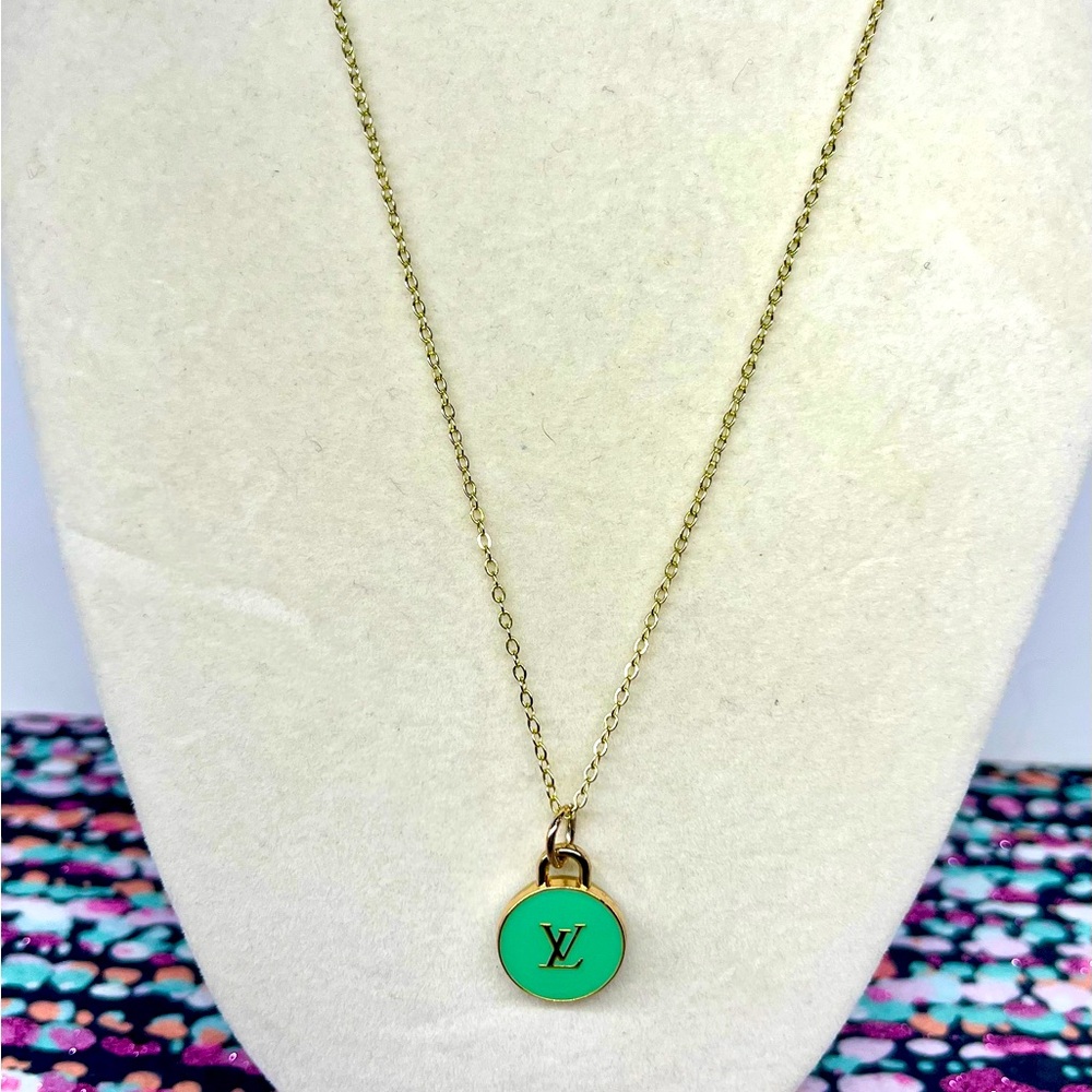 Authentic Louis Vuitton light green logo, zip charm up cycled necklace